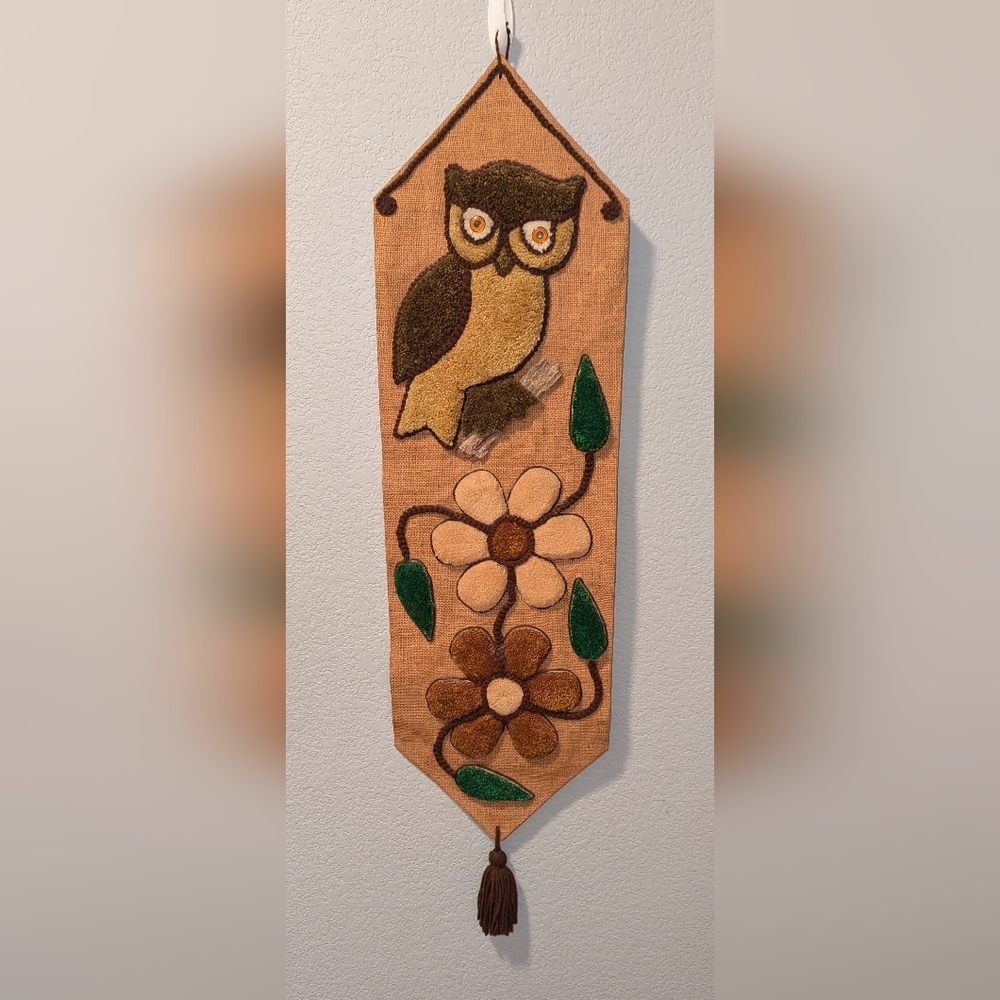 Owl Vintage Wall Hanging Burlap and Carpet 12" width 40" length